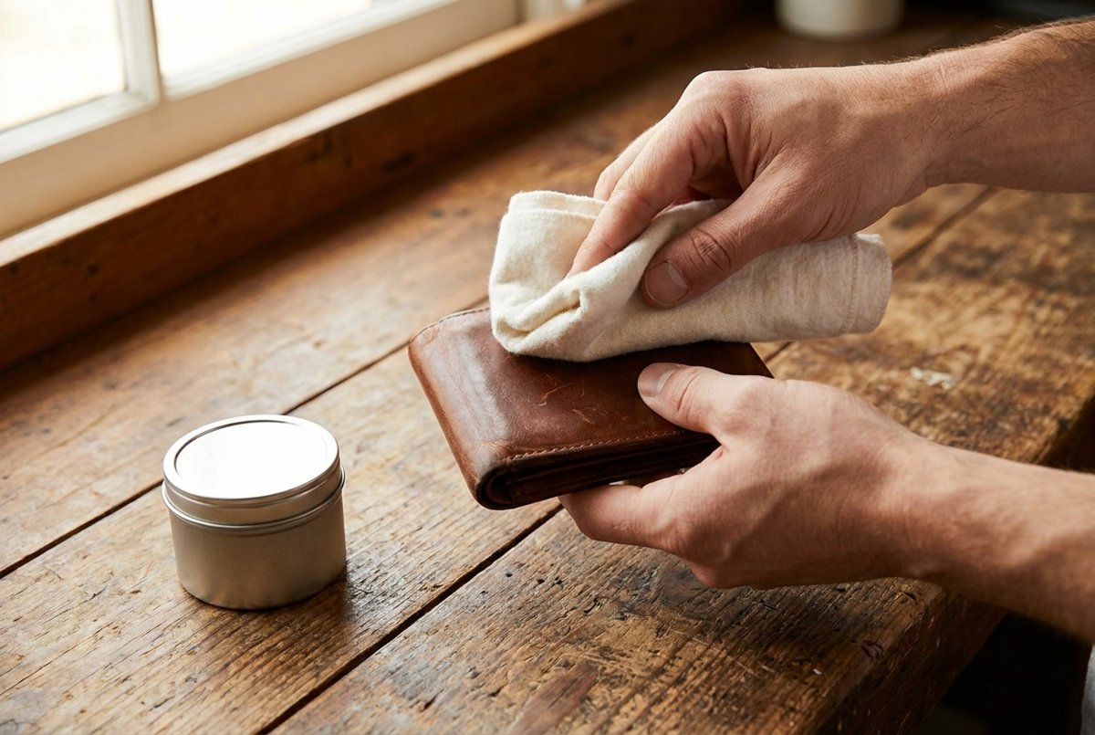 Hands wiping a brown leather wallet with a soft cloth on a wooden workbench Image