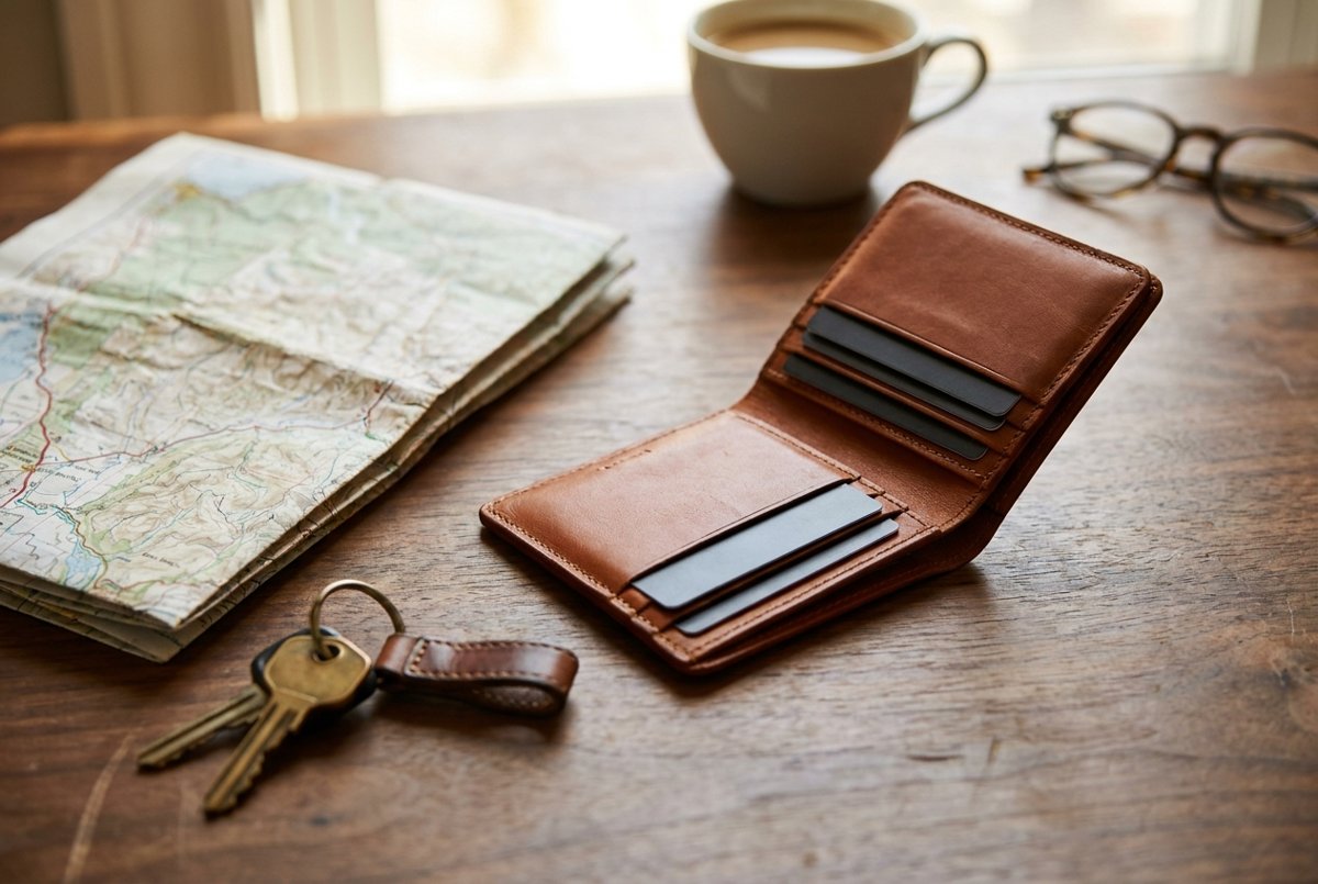Open slim leather bifold wallet with cards on a walnut desk beside a map and keys