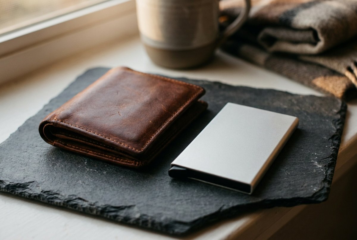 A dark leather bifold wallet next to a thin aluminum card wallet on a slate surface Image