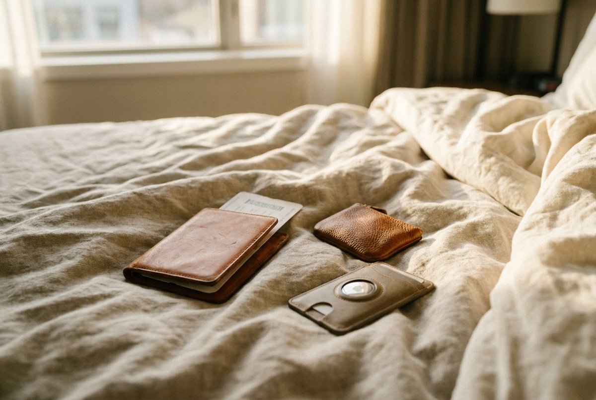 Passport holder, boarding pass, coin purse and a card wallet on a hotel bed