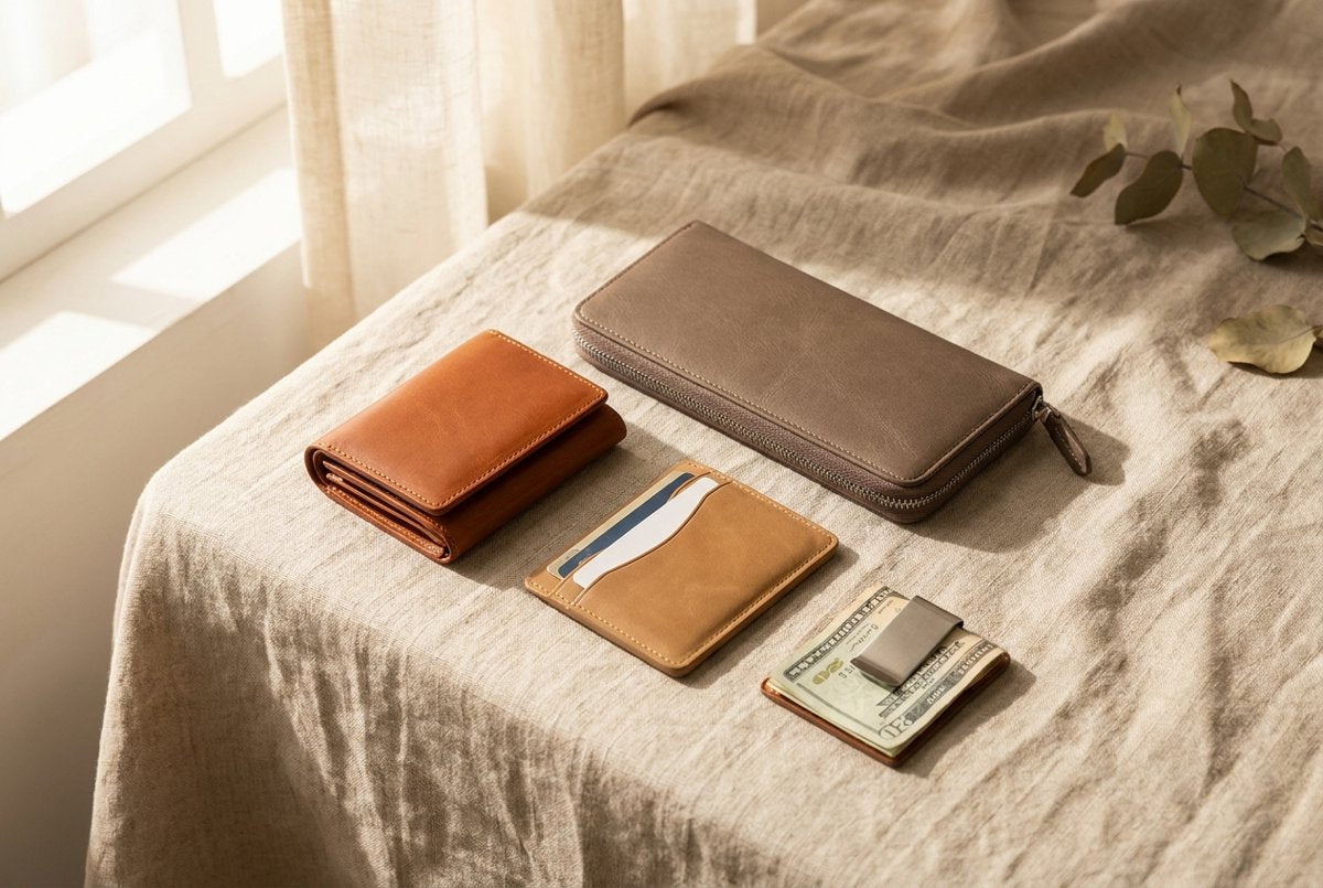 Flat lay of several wallet formats on a linen tablecloth Image