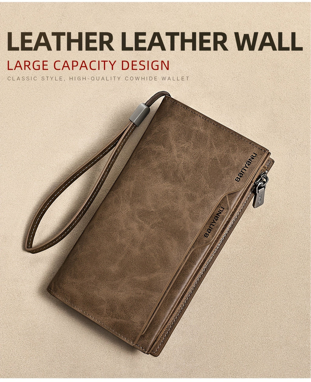 Men's Long Vintage Leather Wallet, 26 Slots