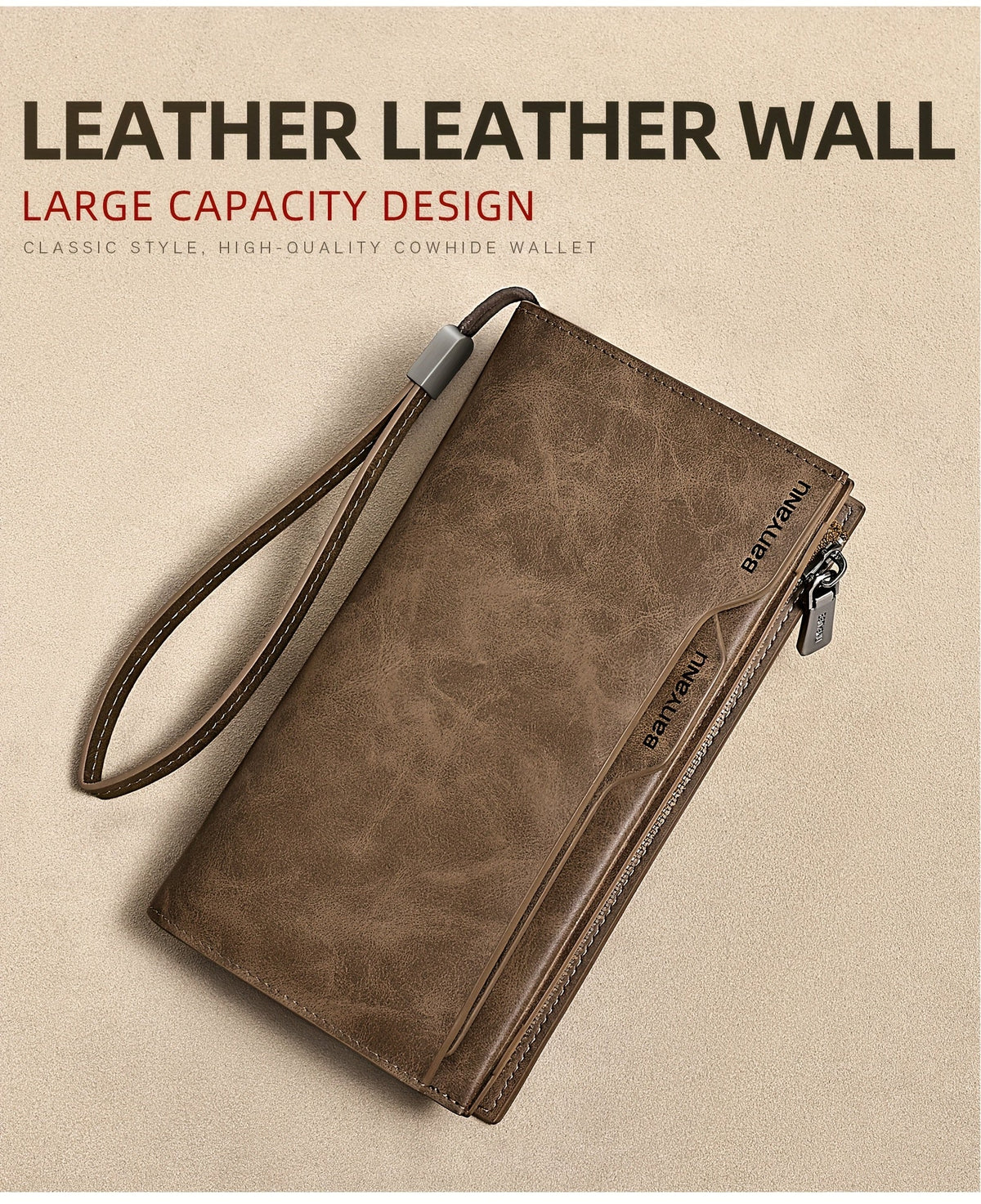 Men's Long Vintage Leather Wallet, 26 Slots