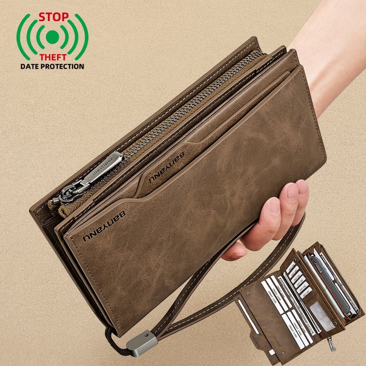 Men's Long Vintage Leather Wallet, 26 Slots
