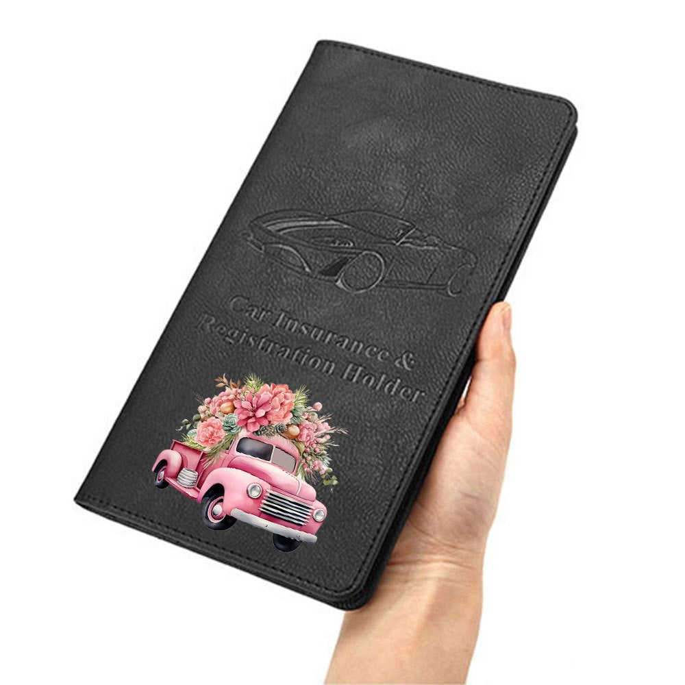 Black gray card holder with floral pickup, car embossing