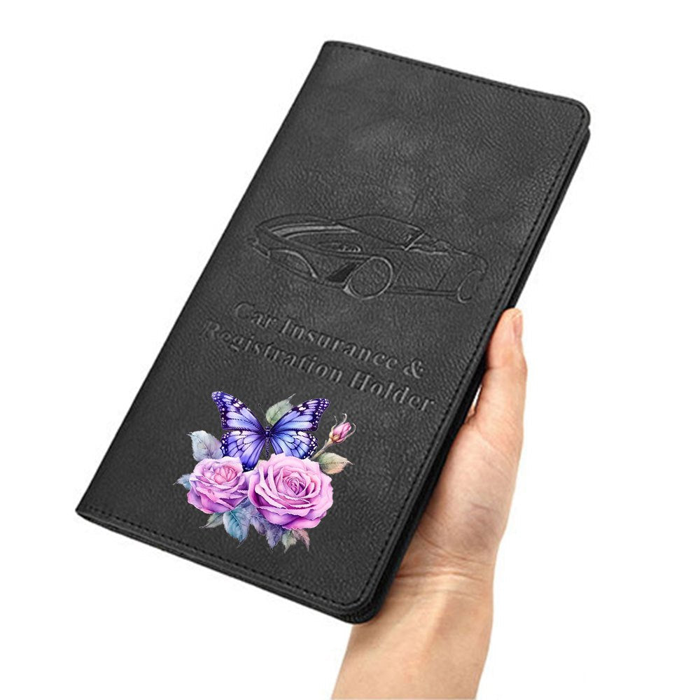 Black document holder, purple butterfly on roses, 9.4 x 5.1 in
