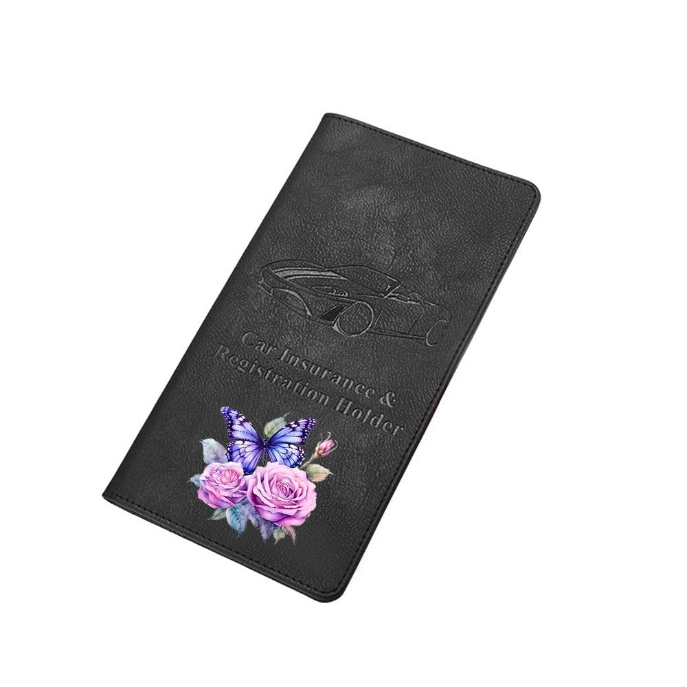 Black document holder, purple butterfly on roses, 9.4 x 5.1 in