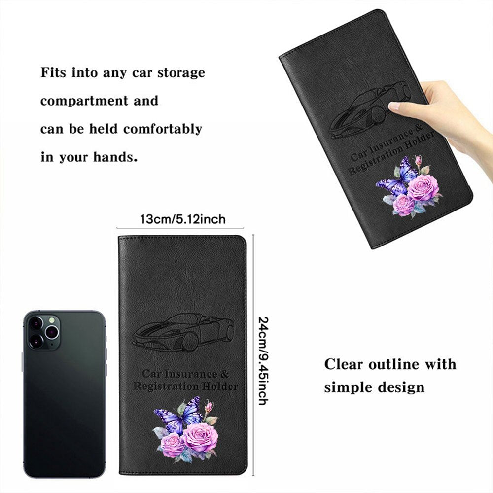 Black document holder, purple butterfly on roses, 9.4 x 5.1 in Image