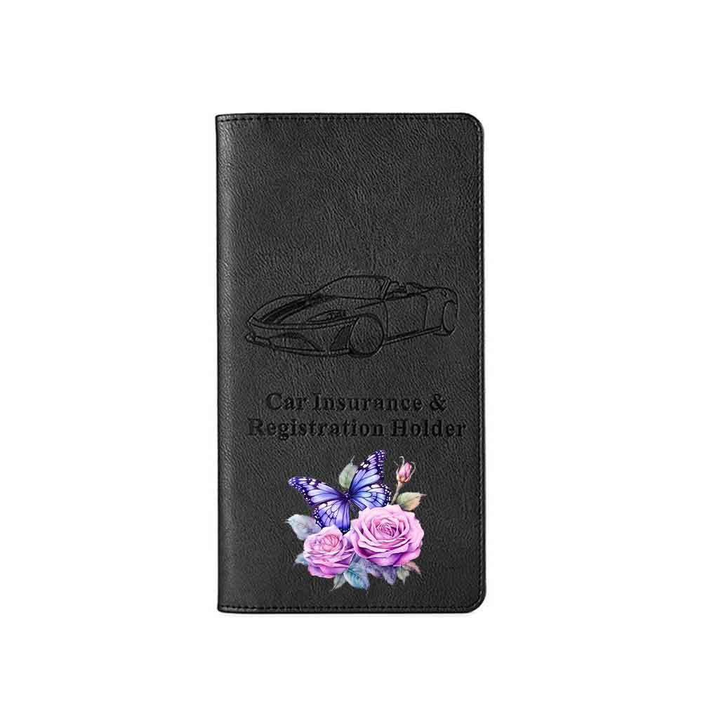 Black document holder, purple butterfly on roses, 9.4 x 5.1 in