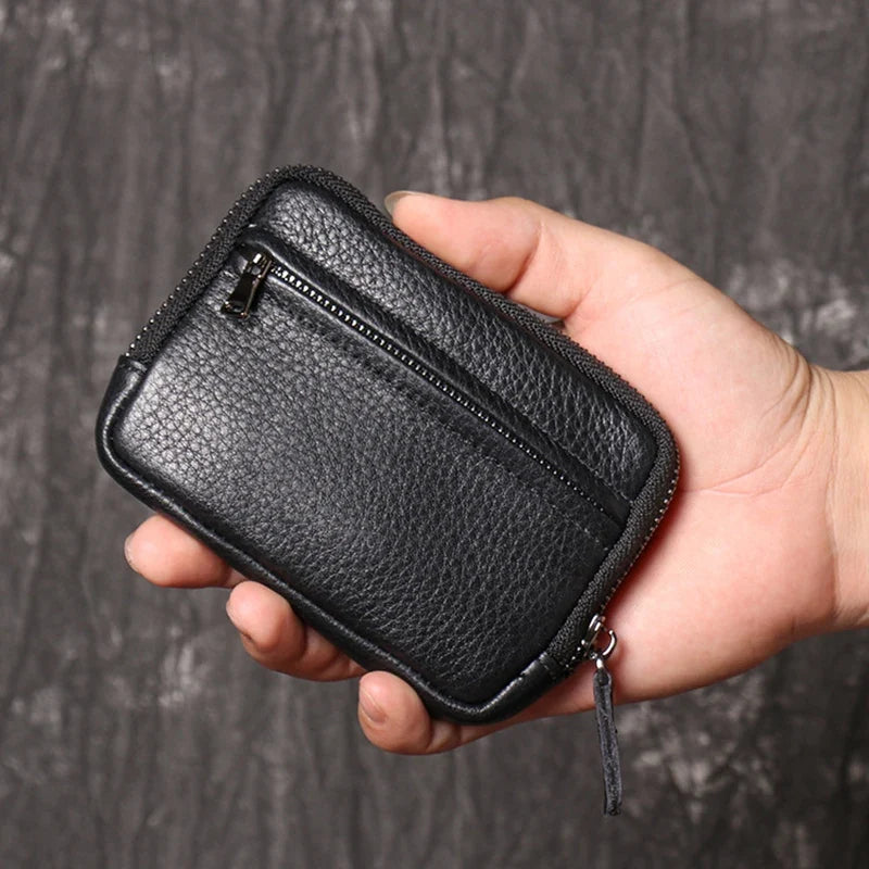 Compact Genuine Leather Zip Mini Wallet for Men and Women