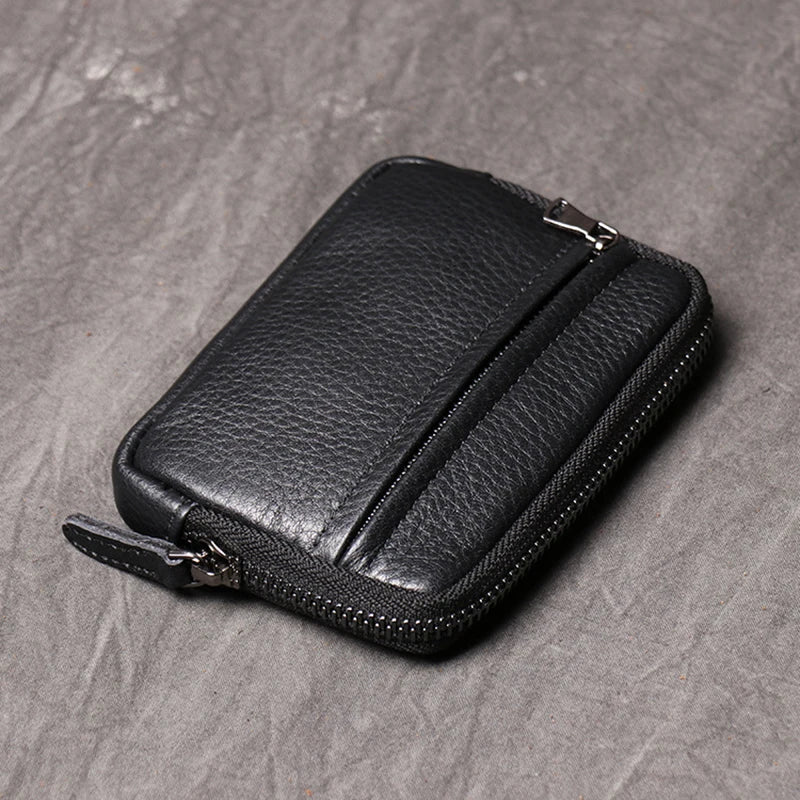 Compact Genuine Leather Zip Mini Wallet for Men and Women