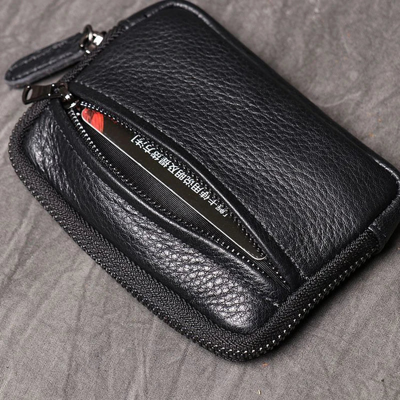 Compact Genuine Leather Zip Mini Wallet for Men and Women