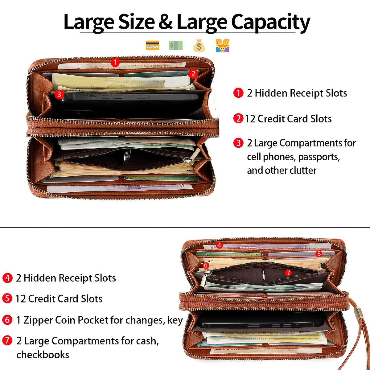 Large zippered wallet, 24 card slots and 7 bill pockets