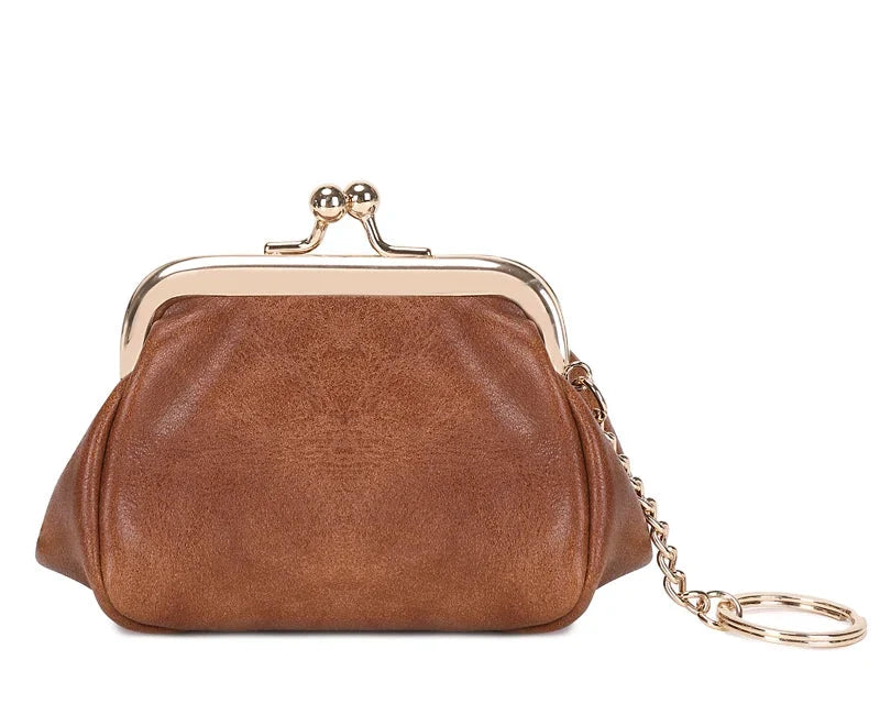 Mini Retro PU Leather Coin Purse with Kiss Lock and Keychain