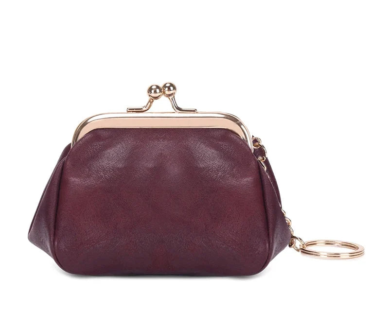Mini Retro PU Leather Coin Purse with Kiss Lock and Keychain