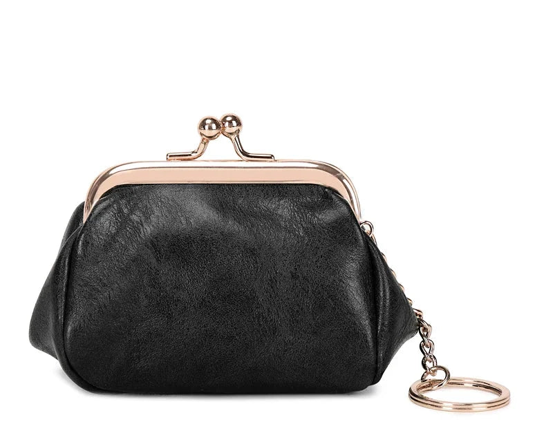 Mini Retro PU Leather Coin Purse with Kiss Lock and Keychain