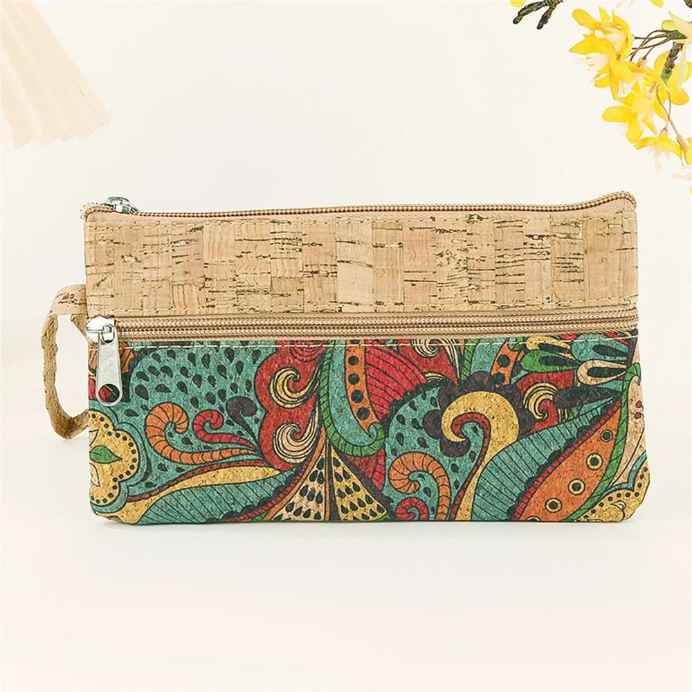 Zippered Cork Phone Pouch with Ethnic Pattern