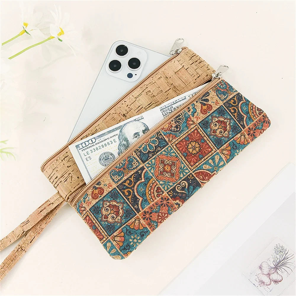 Zippered Cork Phone Pouch with Ethnic Pattern