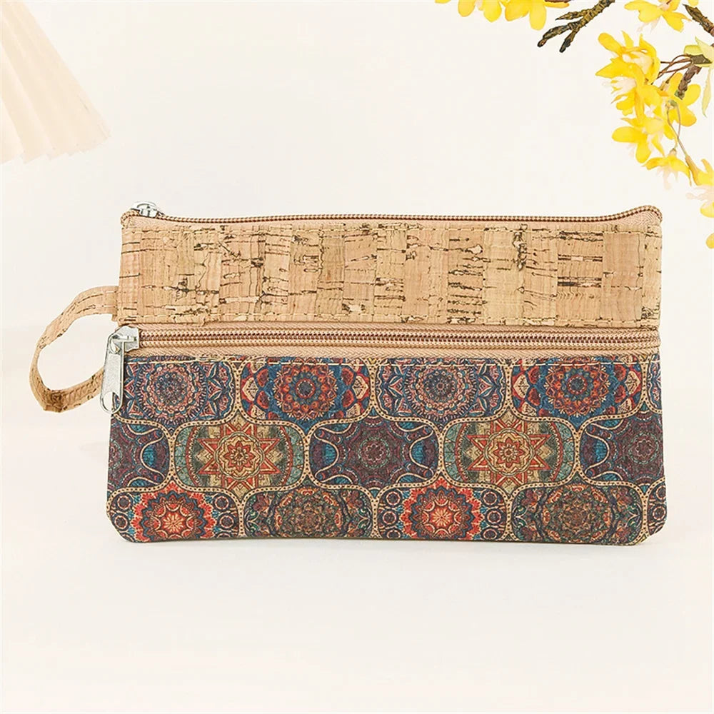 Zippered Cork Phone Pouch with Ethnic Pattern