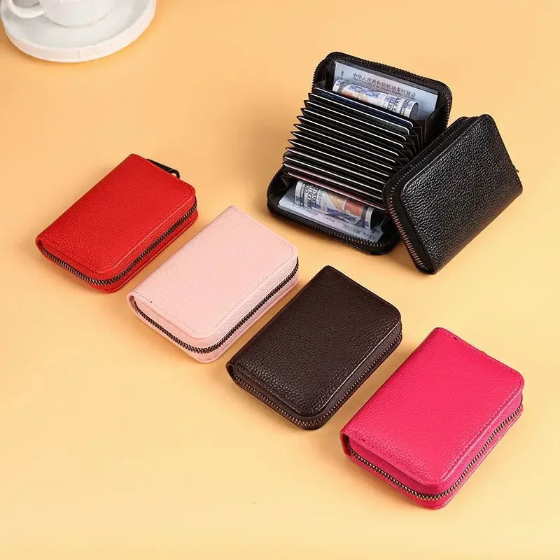 Accordion Card Holder in PU Leather with Zipper for Men and Women