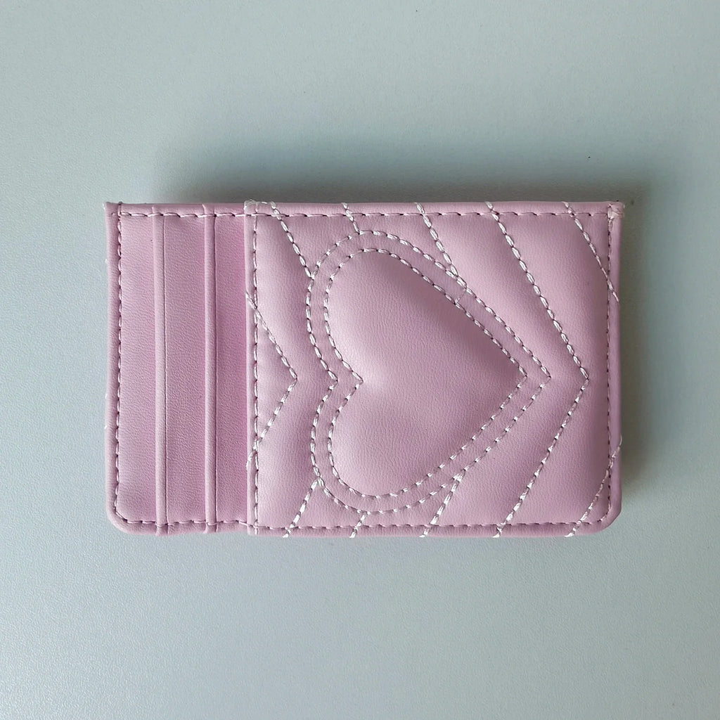 Embroidered Microfiber Card Holder for Women with Heart Pattern and Ultra-Slim Design