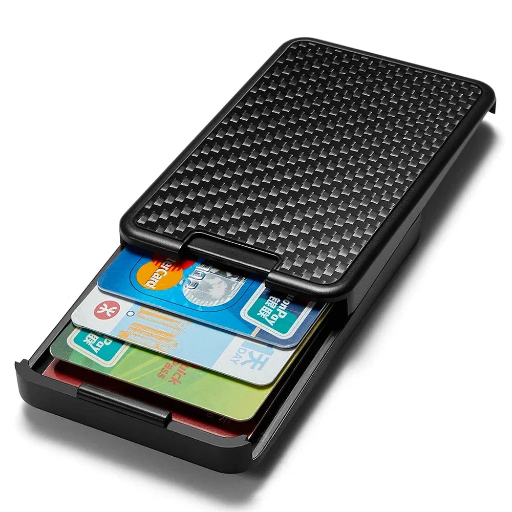 Sliding Carbon Fiber RFID-Blocking Card Holder - Compact Smart Wallet