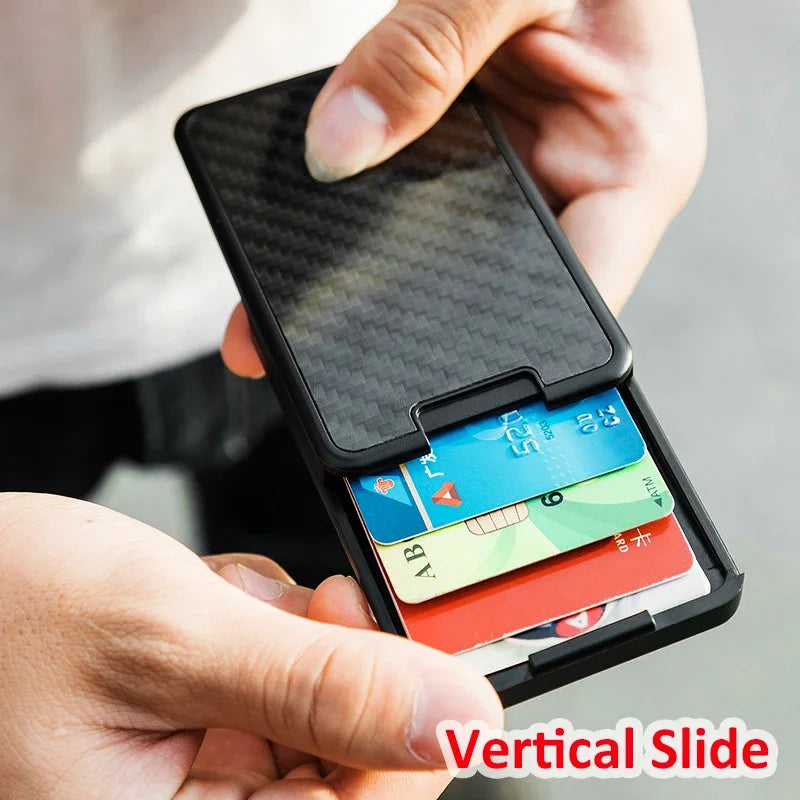 Sliding Carbon Fiber RFID-Blocking Card Holder - Compact Smart Wallet