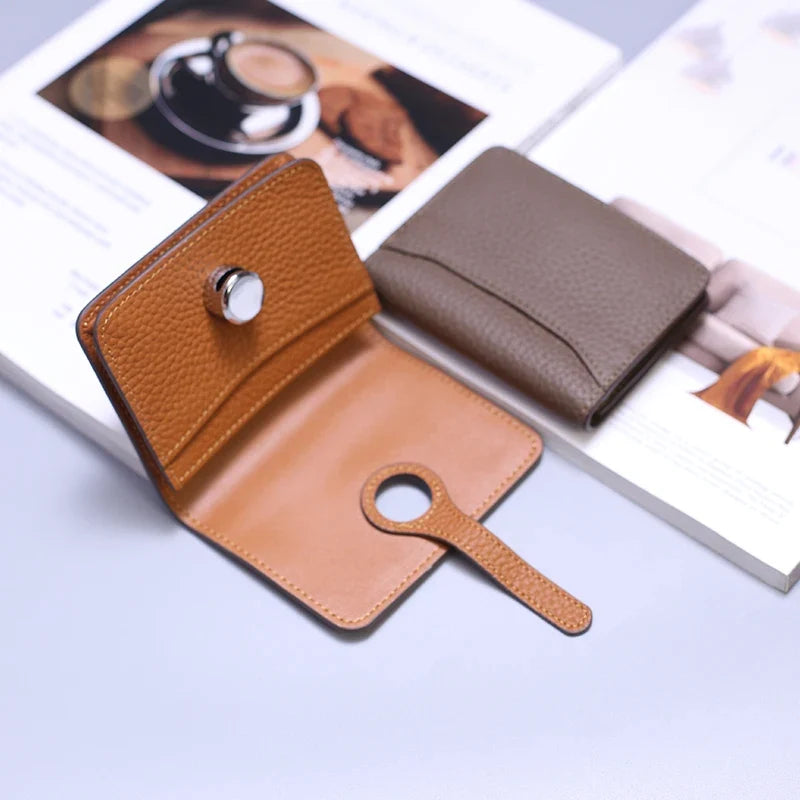 Grain Leather Card Holder with Stylish Clasp - Unisex