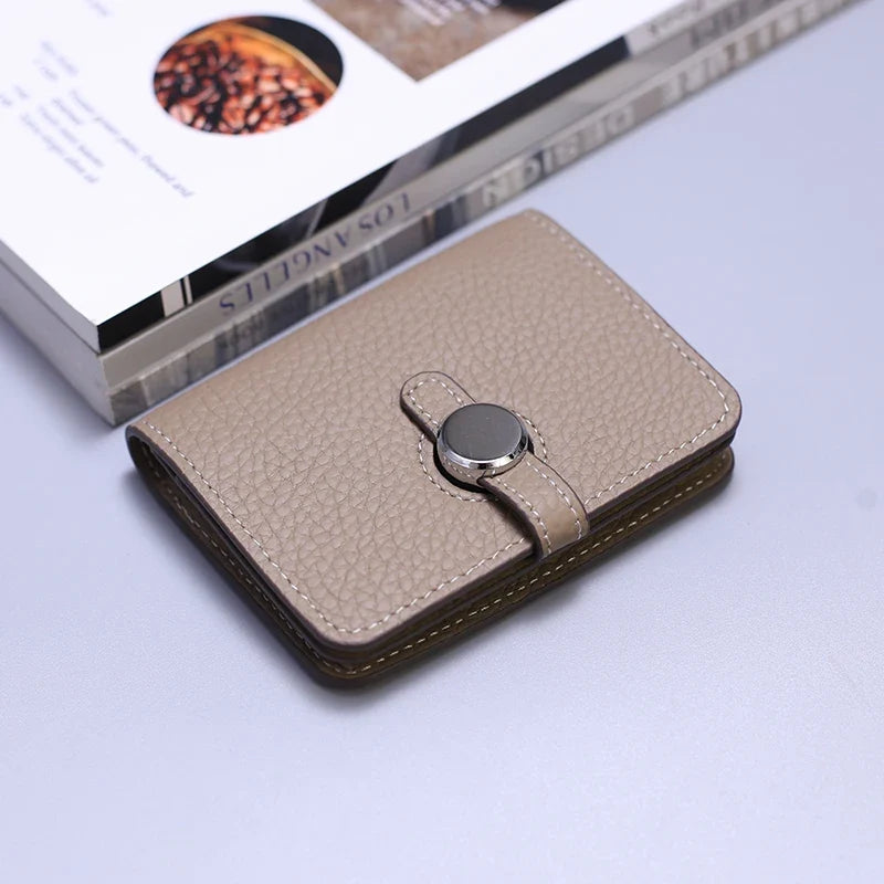Grain Leather Card Holder with Stylish Clasp - Unisex