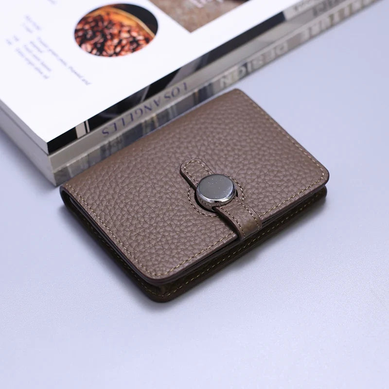 Grain Leather Card Holder with Stylish Clasp - Unisex
