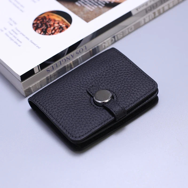 Grain Leather Card Holder with Stylish Clasp - Unisex