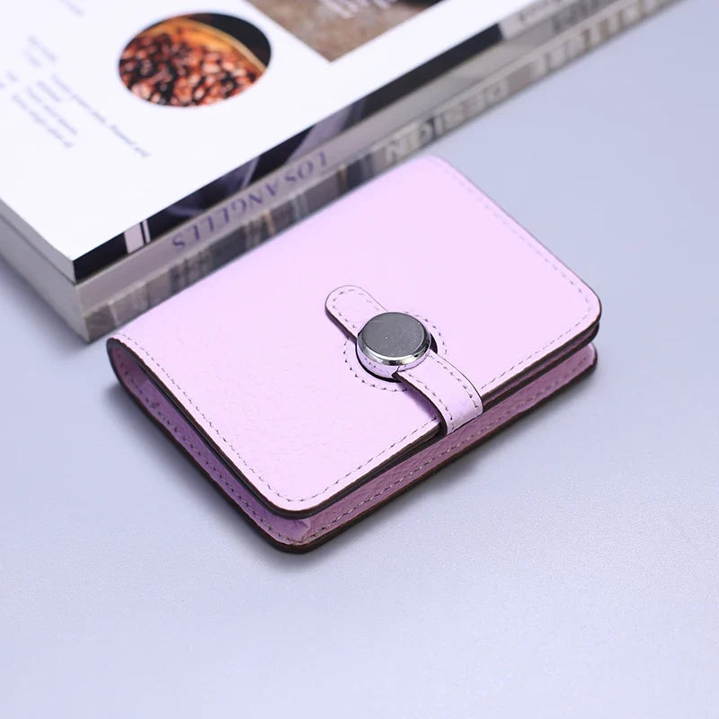 Grain Leather Card Holder with Stylish Clasp - Unisex