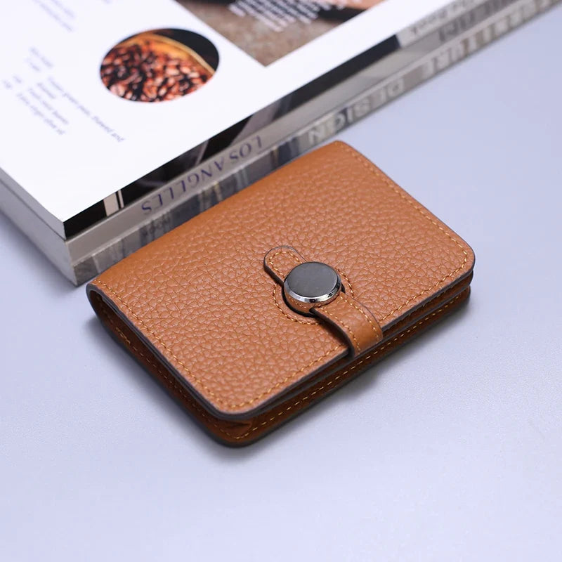 Grain Leather Card Holder with Stylish Clasp - Unisex