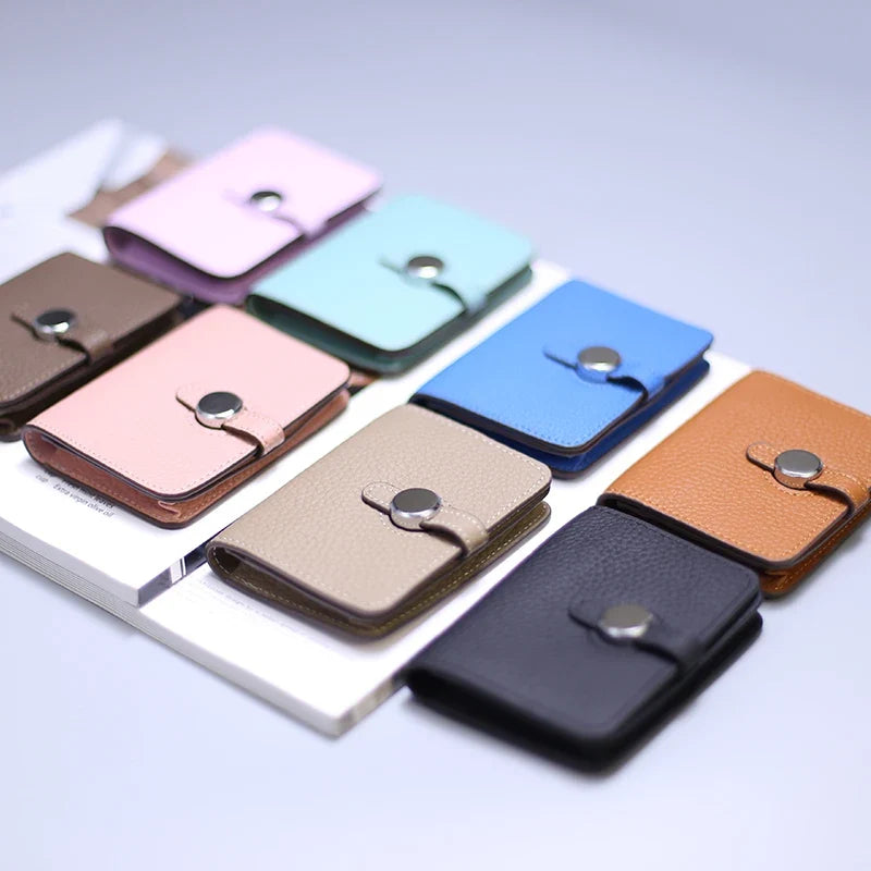 Grain Leather Card Holder with Stylish Clasp - Unisex