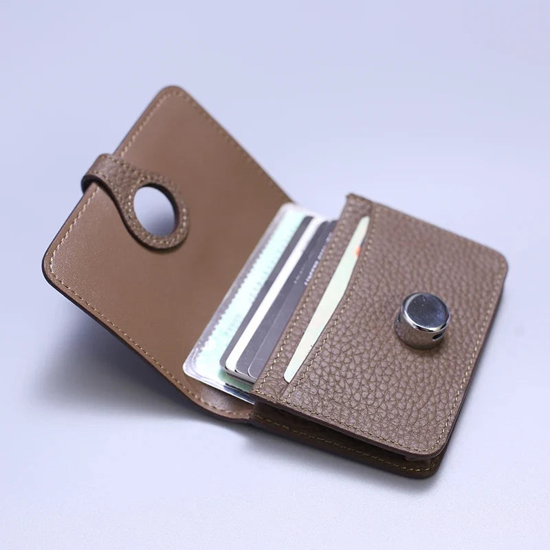 Grain Leather Card Holder with Stylish Clasp - Unisex