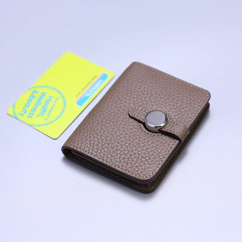 Grain Leather Card Holder with Stylish Clasp - Unisex