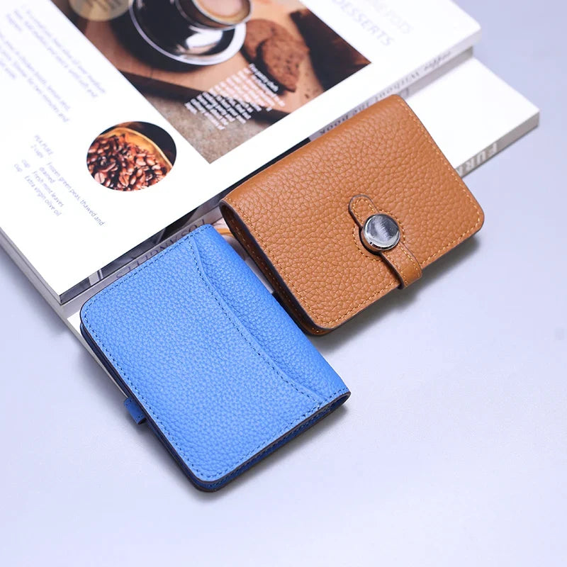 Grain Leather Card Holder with Stylish Clasp - Unisex