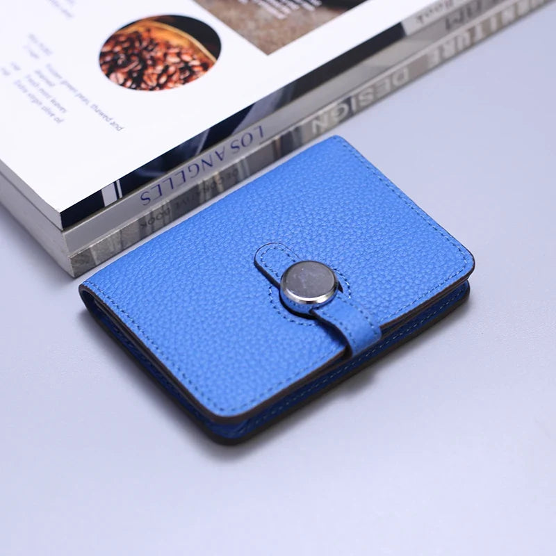 Grain Leather Card Holder with Stylish Clasp - Unisex