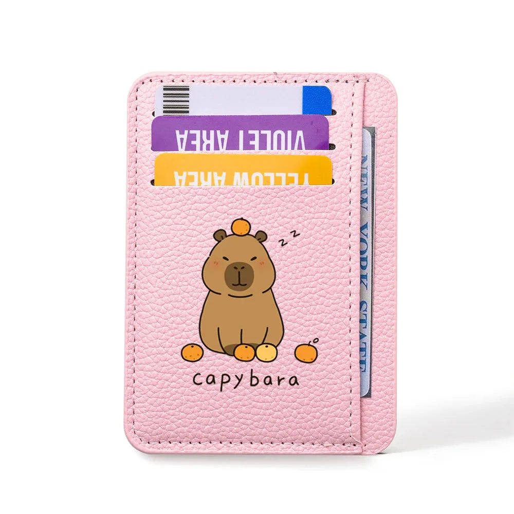 Slim PU Leather Card Holder with Cute Capybara Design for Women Image