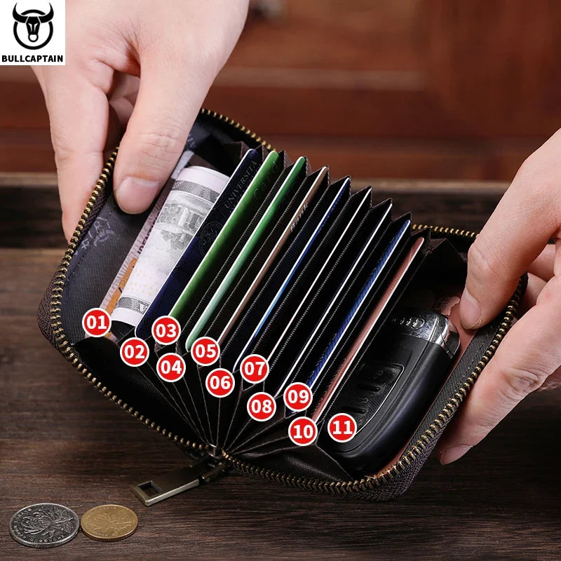 Genuine Leather Card Holder with RFID Protection and Zip