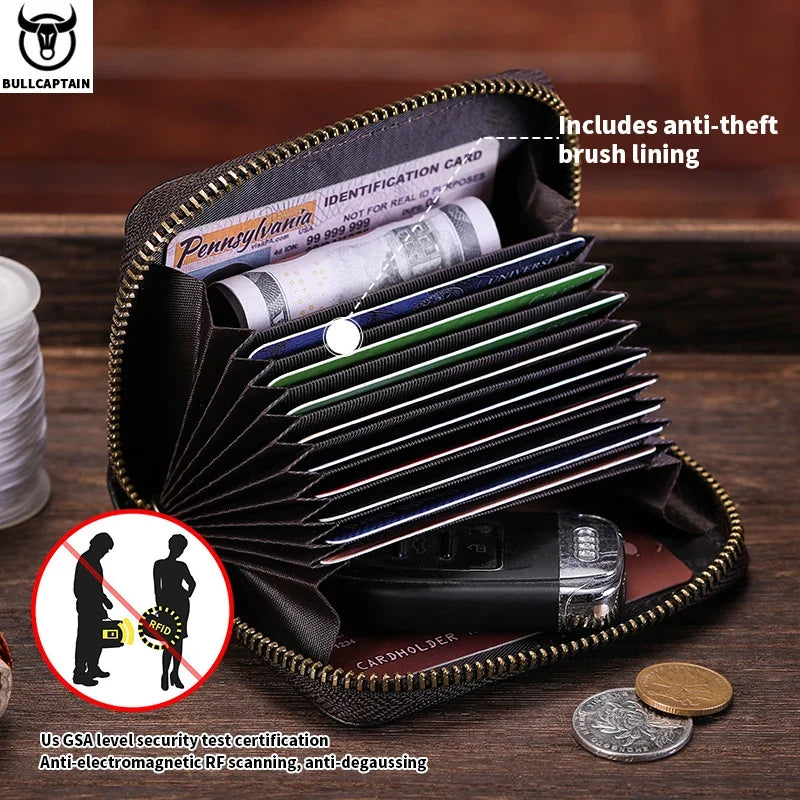 Genuine Leather Card Holder with RFID Protection and Zip