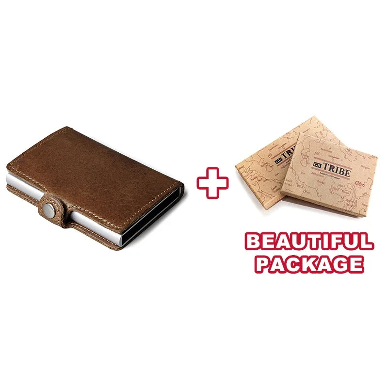 Genuine Leather Pop-Up Card Holder with RFID Protection and Aluminum Case