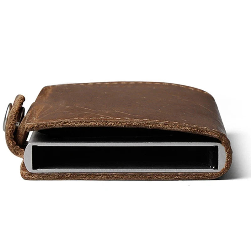 Genuine Leather Pop-Up Card Holder with RFID Protection and Aluminum Case