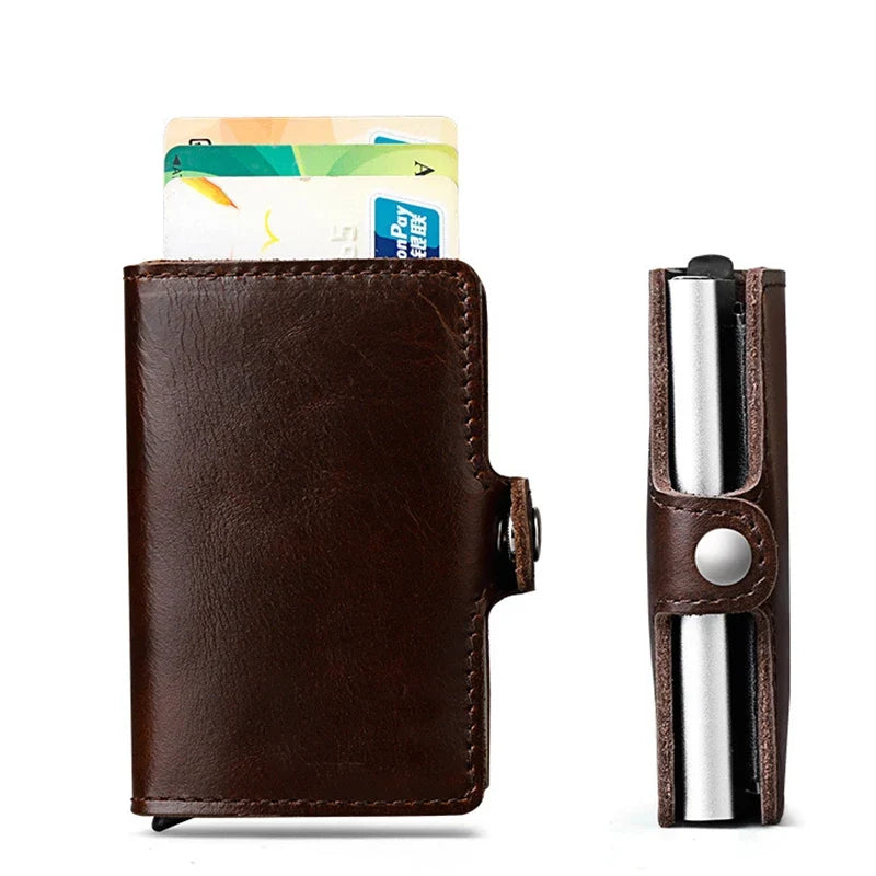 Genuine Leather Pop-Up Card Holder with RFID Protection and Aluminum Case
