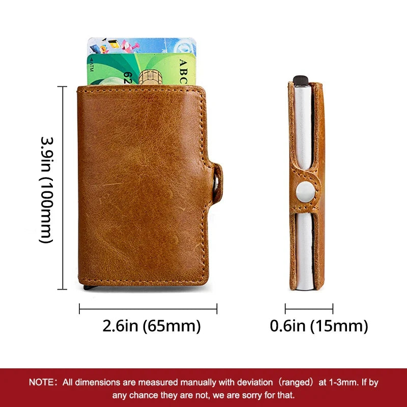 Genuine Leather Pop-Up Card Holder with RFID Protection and Aluminum Case