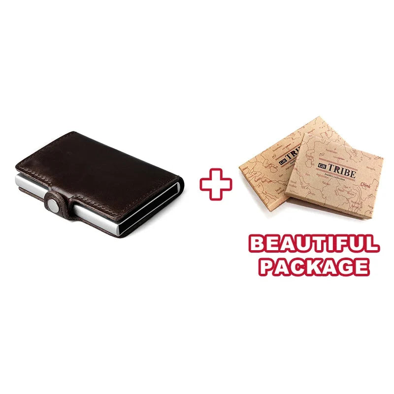 Genuine Leather Pop-Up Card Holder with RFID Protection and Aluminum Case