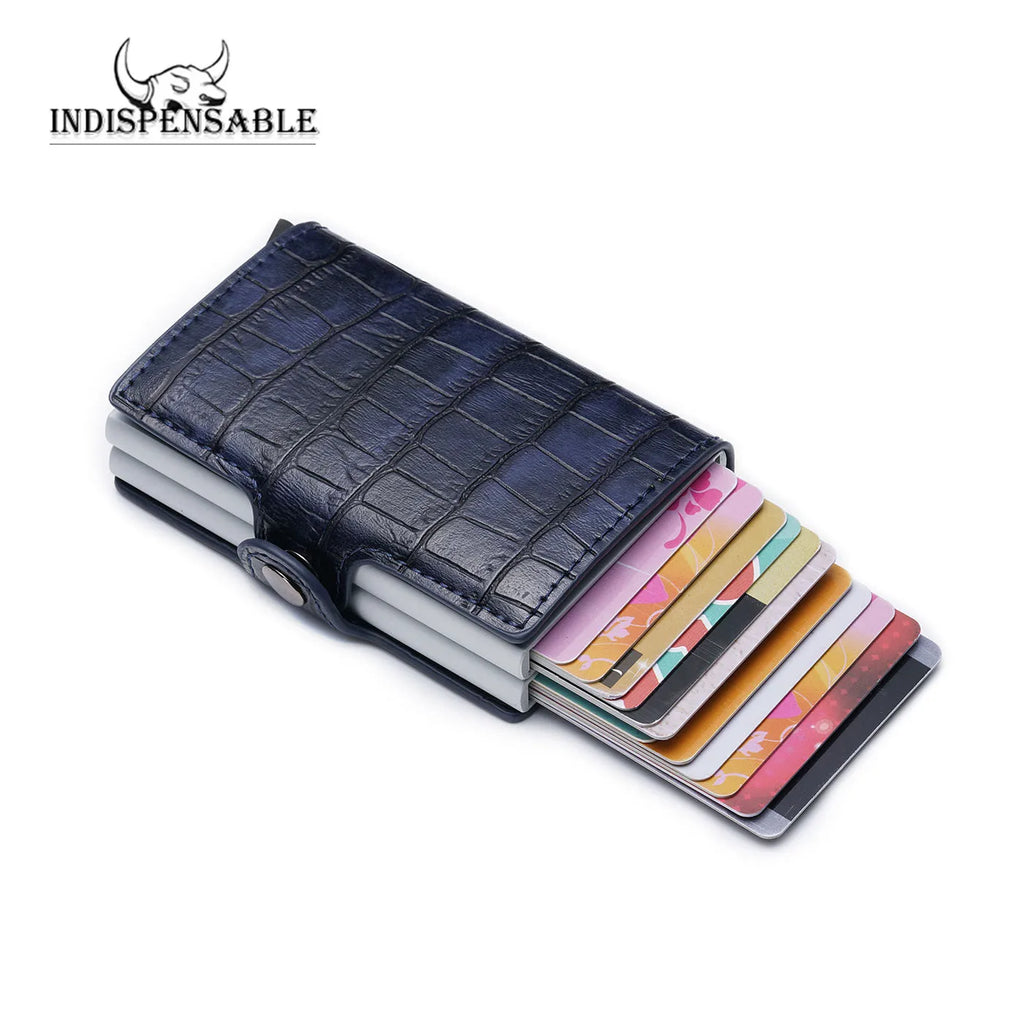 Double Card Holder in Aluminum and Crocodile Grain Leather with RFID Protection