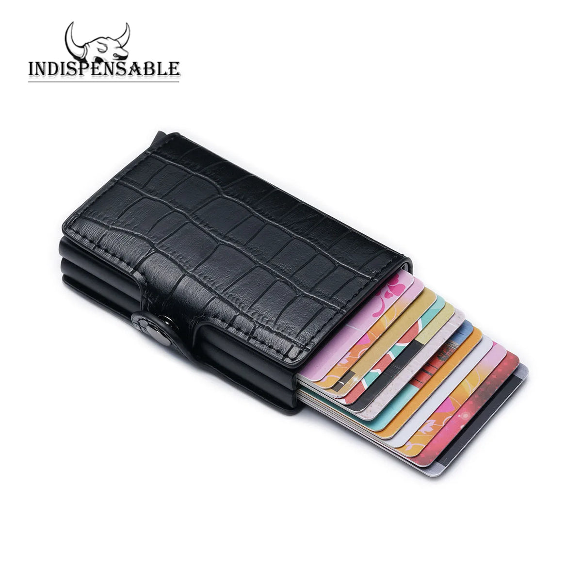 Double Card Holder in Aluminum and Crocodile Grain Leather with RFID Protection Image
