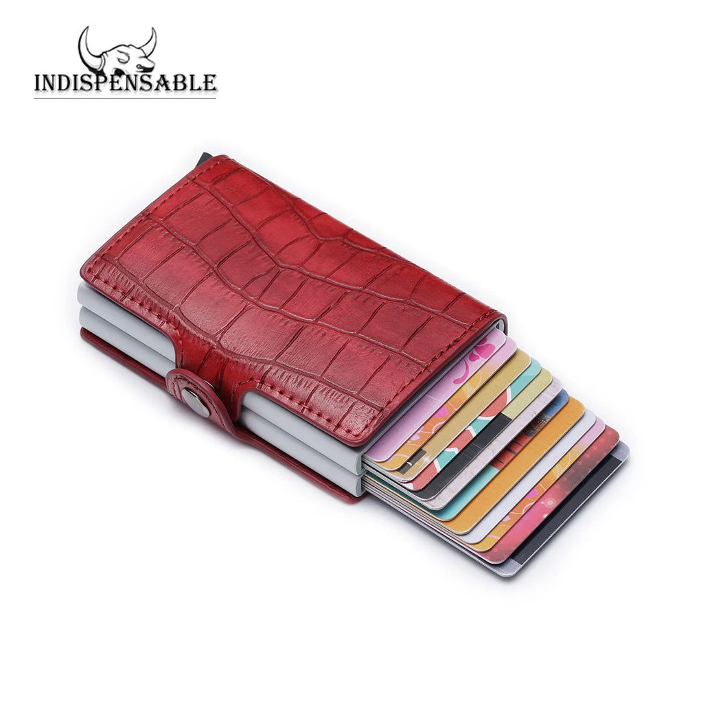 Double Card Holder in Aluminum and Crocodile Grain Leather with RFID Protection