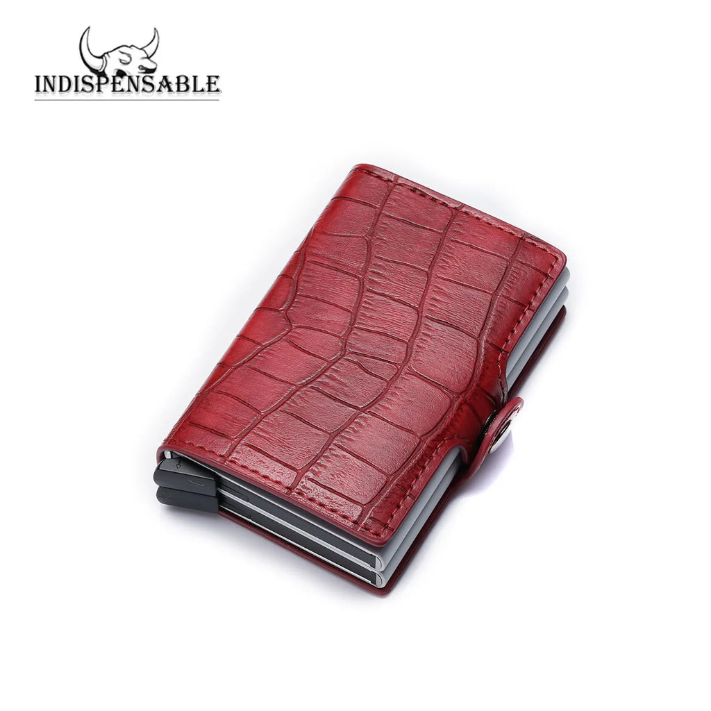 Double Card Holder in Aluminum and Crocodile Grain Leather with RFID Protection